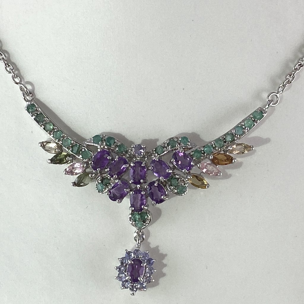 Stunning Flower Of Amethyst, Emerald, Tanzanite, And Tourmaline Necklace